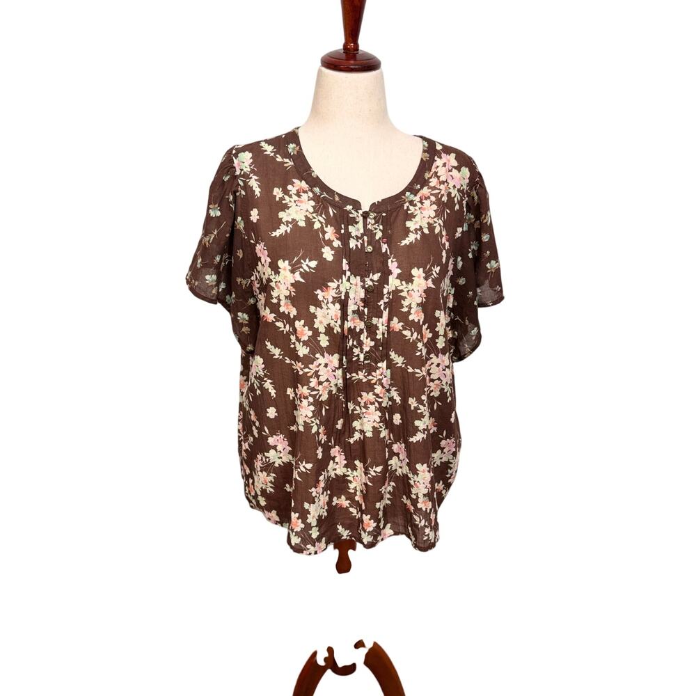 J. Jill short flutter sleeve top brown floral popover 100% cotton lightweight  L